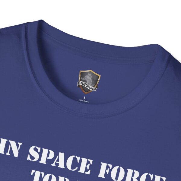 Close-up of a blue "Join Space Force Today" t-shirt featuring an Alien design, with a Chipmunk brand label and partially visible white text.