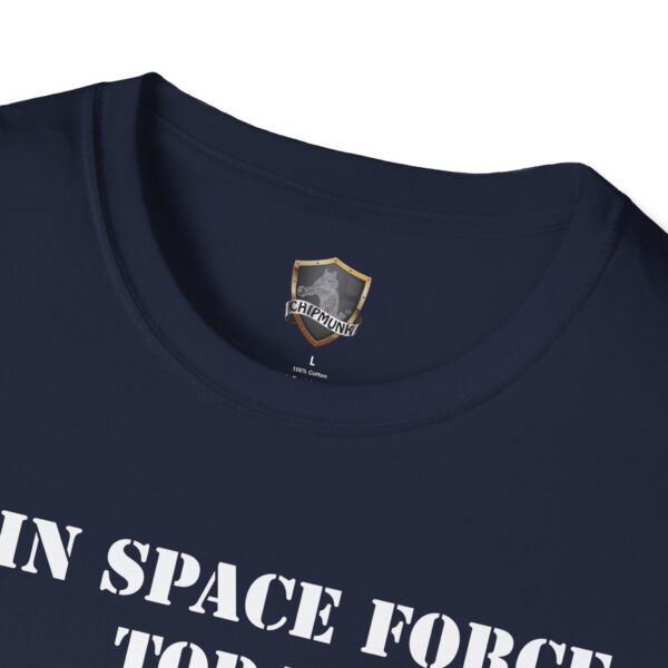 A close-up of a navy blue "Join Space Force Today" Alien T-shirt with white text and a tag labeled "CHIPMUNK" indicating 100% cotton.