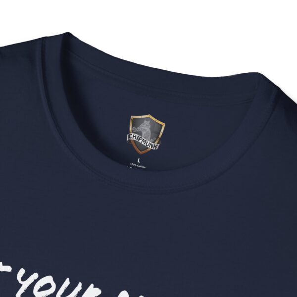 A close-up of the navy blue Lunchbox Logic Tee's neckline features a "Chipmunk" shield logo and size label inside the collar.