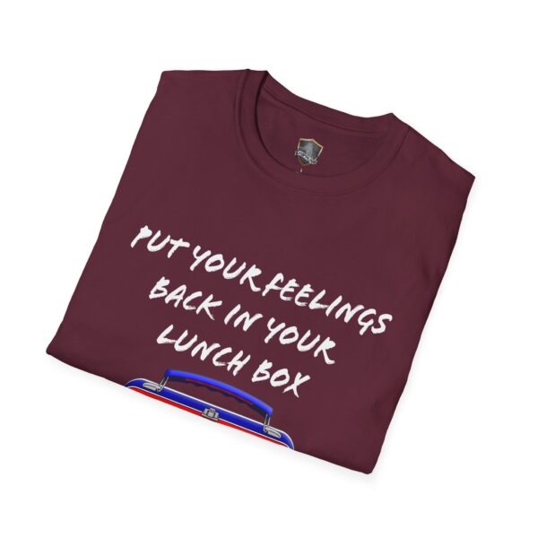 Maroon "Lunchbox Logic Tee" featuring the text "PUT YOUR FEELINGS BACK IN YOUR LUNCH BOX" with a lunchbox image underneath.