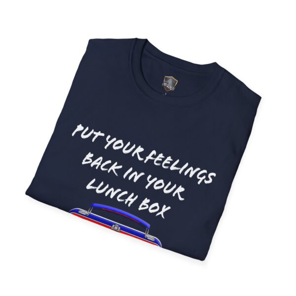 The Lunchbox Logic Tee is a navy blue T-shirt featuring "Put your feelings back in your lunch box" in white text above a lunchbox image.