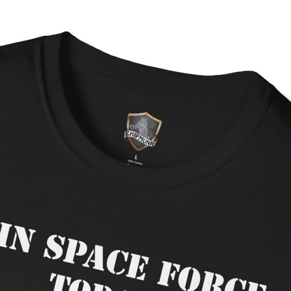 Close-up of a black "Join Space Force Today" Alien T-Shirt with a "CHIPMUNK" logo on the inner collar and partial front text.