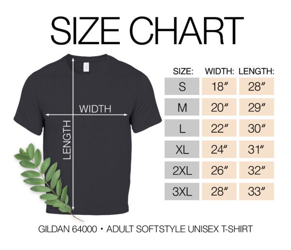 Size chart for the Lunchbox Logic Tee unisex t-shirt. Sizes S to 3XL with dimensions in inches: S (18"x28"), M (20"x29"), L (22"x30"), XL (24"x31"), 2XL (26"x32"), 3XL (28"x33"). Black tee with leaf design.