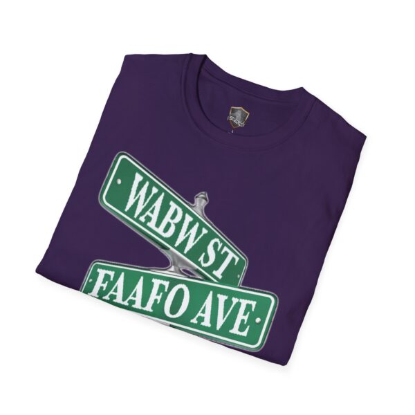 A folded purple Street Sign T-shirt features crossed green street signs with "WABW ST" and "FAAFO AVE.