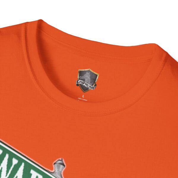 Close-up of an orange Street Sign T-Shirt featuring a Chipmunk brand label near the collar.