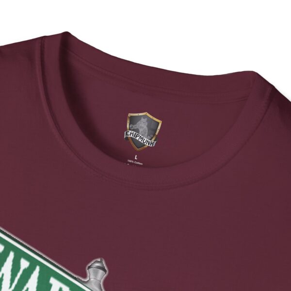 Close-up of a maroon Street Sign T-Shirt with a "Chipmunk" label inside the collar and a partial graphic on the front.