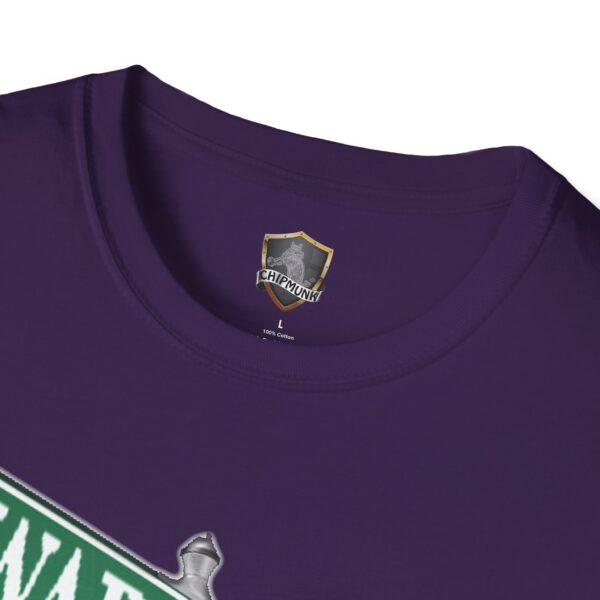 Close-up of a purple Street Sign T-Shirt collar, by Chipmunk brand, with a size L label partially visible along with part of a graphic.