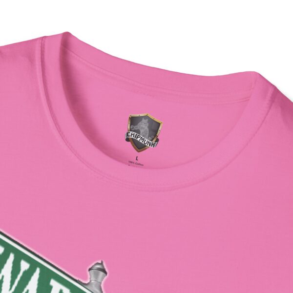 Close-up of a pink "L" Street Sign T-Shirt with a Chipmunk logo, featuring a partial green and white design under the neckline.