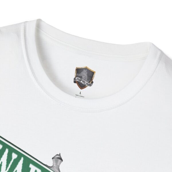 Close-up of the white Street Sign T-Shirt featuring a green design. Inside the collar, a shield logo label reads "CHIPMUNK," indicating the shirt is 100% cotton and size L.