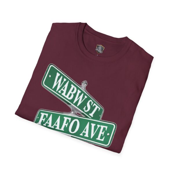 A burgundy Street Sign T-Shirt displays a graphic with green intersecting street signs labeled "WABW ST." and "FAAFO AVE.