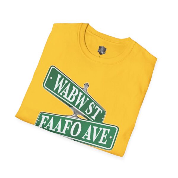 A yellow Street Sign T-Shirt featuring folded design with graphic green street signs labeled "WABW ST" and "FAAFO AVE.