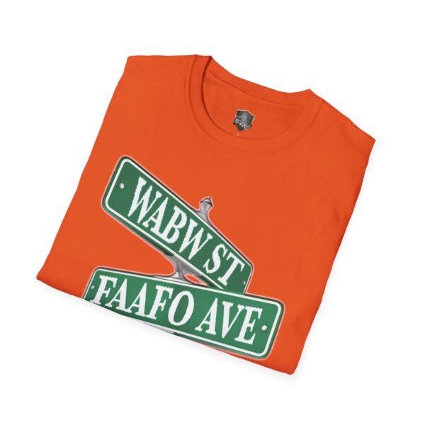 The "Street Sign T-Shirt" is orange, featuring a folded street sign design with "WABW ST" and "FAAFO AVE" in green and white.