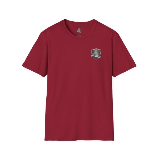 The California Support Shirt T-Shirt is a plain maroon t-shirt featuring a small, shield-shaped logo on the upper left side.