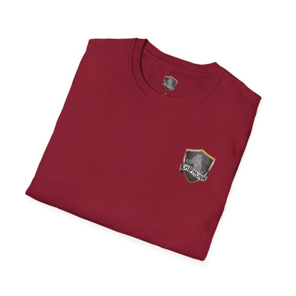 Folded maroon California Support Shirt T-Shirt with a front logo featuring a shield and the word "EPIZONIA.