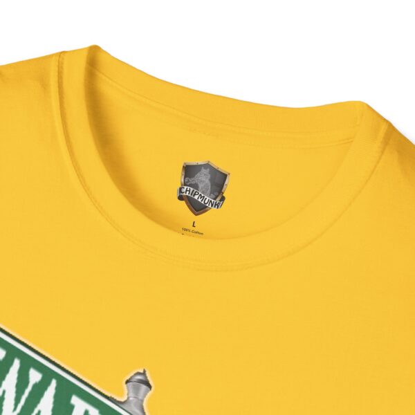 Close-up of a yellow Street Sign T-Shirt displaying a "Chipmunk" logo on the inside collar, alongside a partial green and white graphic design on the front.