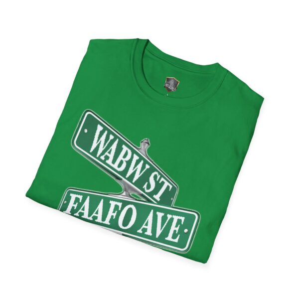 A folded Street Sign T-Shirt in green features a design with two street signs labeled "WABW ST." and "FAAFO AVE.