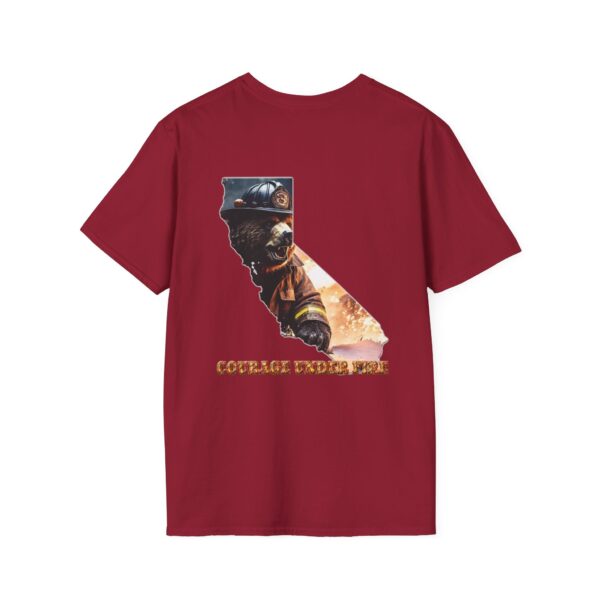 California Support Shirt T-Shirt featuring a firefighter bear graphic inside a California state outline with "COURAGE UNDER FIRE" text below.