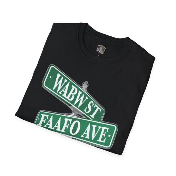 Black Street Sign T-Shirt with folded sleeves featuring a design of two green street signs: "WABW ST" and "FAAFO AVE.