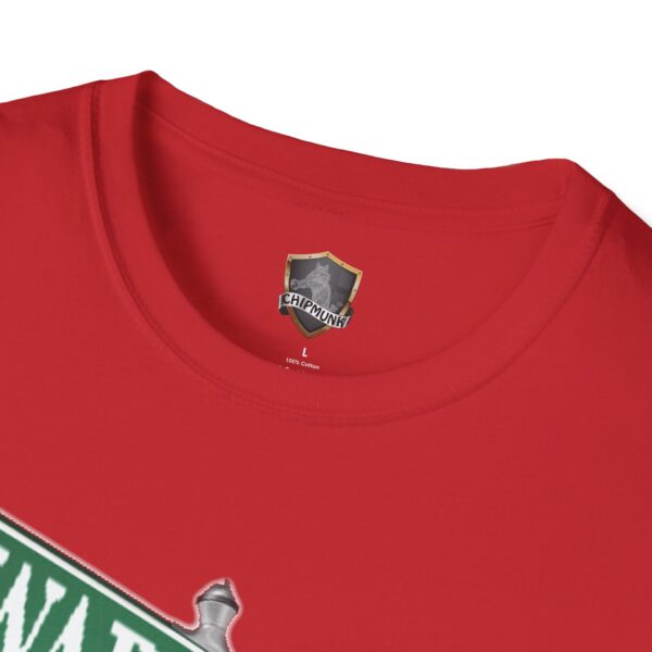 Red Street Sign T-Shirt featuring a gray and green printed design with a "Chipmunk" label near the neckline.