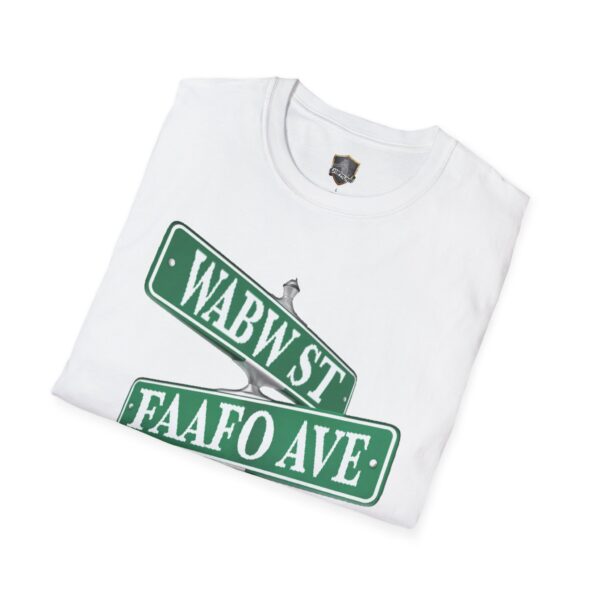 White folded t-shirt featuring green street signs with "WABW ST" and "FAAFO AVE," named Street Sign T-Shirt.