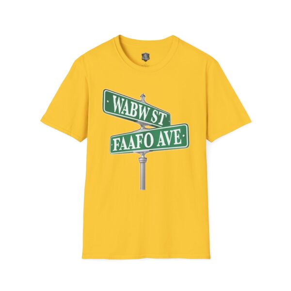 A yellow Street Sign T-Shirt featuring a graphic with two intersecting street signs labeled "WABW ST" and "FAAFO AVE.