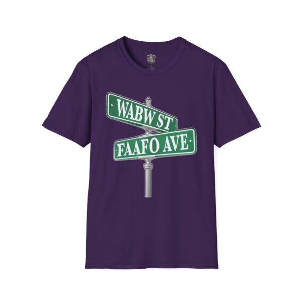 Street Sign T-Shirt in purple featuring a graphic of "WABW St" and "FAAFO Ave".