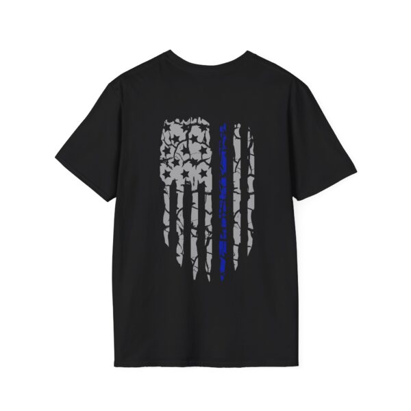 The Police Support T-Shirt is a black t-shirt showcasing a stylized American flag with a single blue stripe and a distressed pattern.