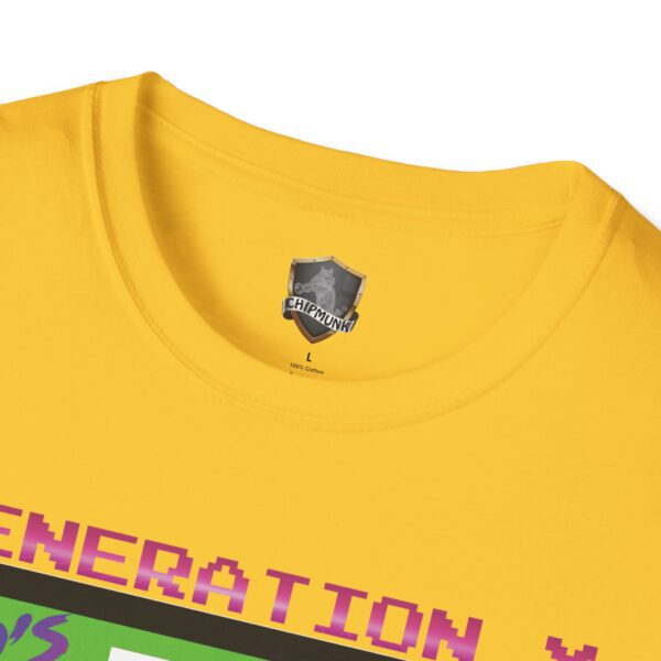 The Generation X Tape T-Shirt is yellow with pixel-style text and features a small crest near the neckline.