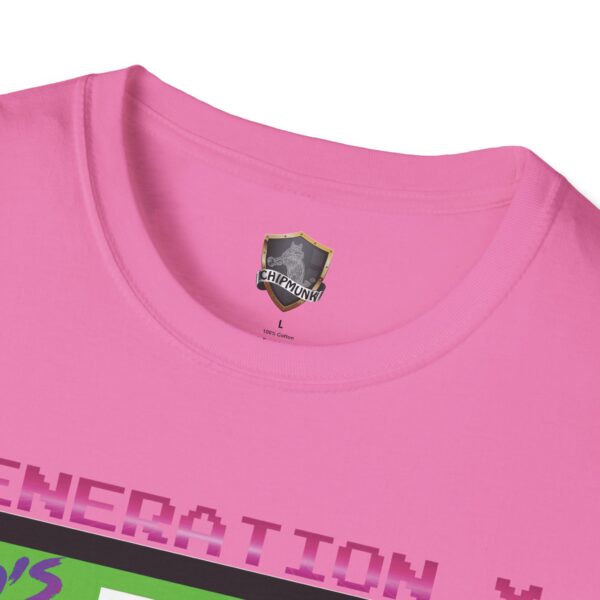 Close-up of a pink Generation X Tape T-Shirt labeled "Chipmunk" at the neck. The shirt, featuring partially visible pixelated text, is size "L" and made from 100% cotton.