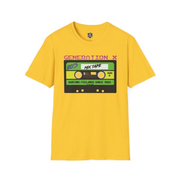 Yellow Generation X Tape T-Shirt showcasing a retro cassette tape labeled "80's mixtape".