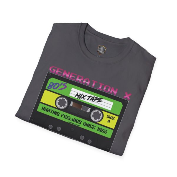 The Generation X Tape T-Shirt features a gray design with a colorful cassette labeled "80's Mixtape, Side A." It reads "Generation X" at the top and "Hurting Feelings Since 1985" at the bottom.