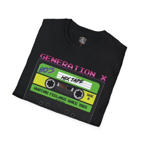 The Generation X Tape T-Shirt is a black tee with a retro cassette tape design labeled "80's Mixtape," featuring the phrases "Generation X" above and "Hurting Feelings Since 1965" below.