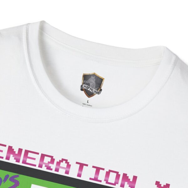 Close-up of a white 'Generation X Tape T-Shirt' featuring pixel-style "Generation" and a collar tag with a shield and "Chipmunk" logo.