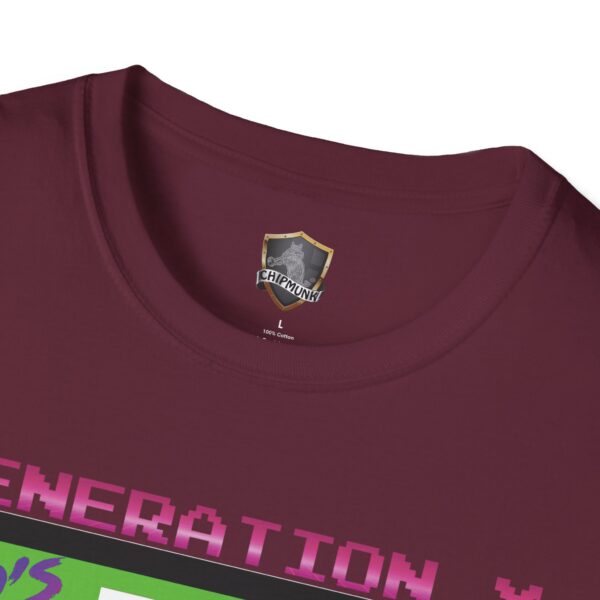 Close-up of a maroon Generation X Tape T-Shirt in L size featuring "Generation X" in pink pixelated font and a gray and black shield logo with "Chipmunk" above the text.