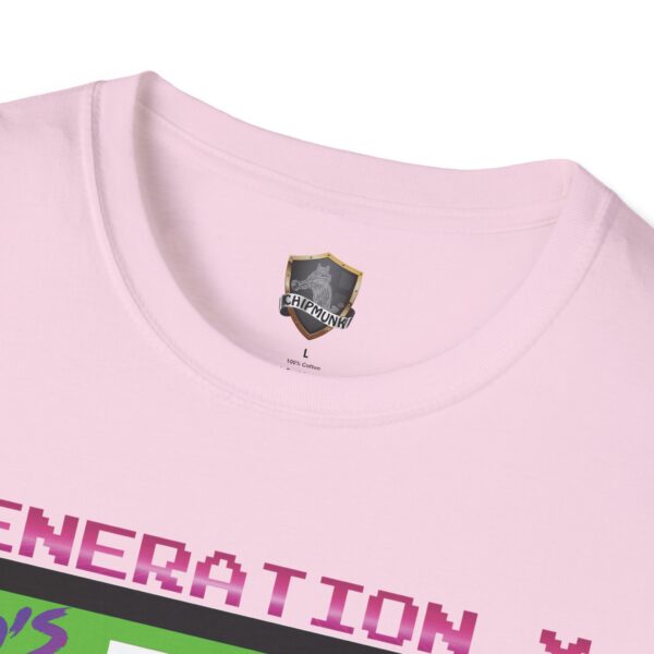 Close-up of a pink Generation X Tape T-Shirt showing the logo with "Chipmunk" inside the collar and a partial "Generation" text in pixelated font on the front.