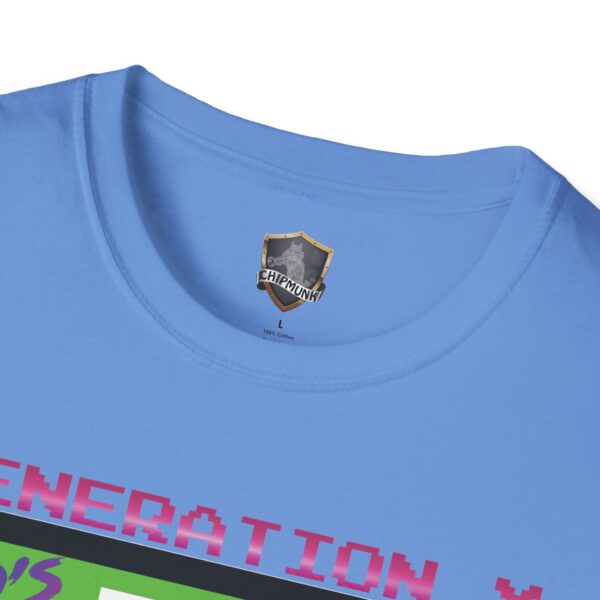 Close-up of the Generation X Tape T-Shirt in blue, featuring a video game-inspired design with pixelated text. A small "Chipmunk" logo is near the neckline.