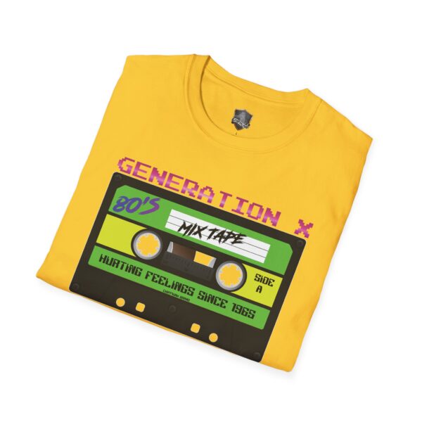 Yellow "Generation X Tape T-Shirt" with a cassette graphic labeled "80's Mix Tape," featuring the text "Hurting Feelings Since 1985.