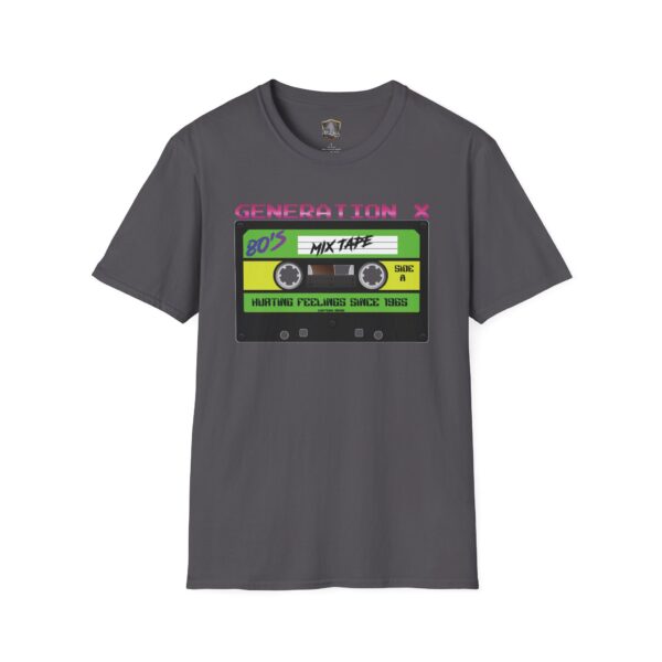 Gray t-shirt named "Generation X Tape T-Shirt," showcasing a retro cassette graphic labeled "80's Mixtape," with "Generation X" text above and "Hurting Feelings Since 1965" below.