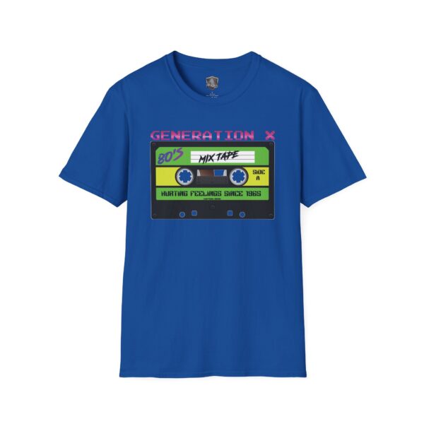 Generation X Tape T-Shirt: Blue with a retro cassette tape design, featuring "Generation X," "80's Mixtape," and "Hurting Feelings Since 1983.