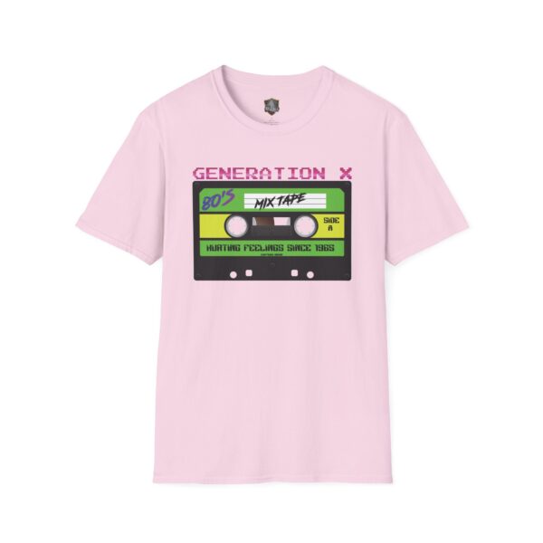 Pink T-shirt featuring a graphic of a green cassette tape labeled "80's Mixtape" with "Generation X" text above it, called the Generation X Tape T-Shirt.