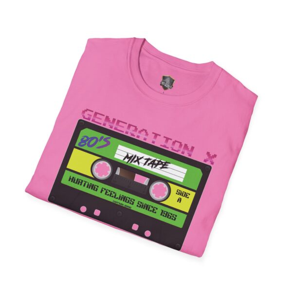 Pink Generation X Tape T-Shirt with a colorful cassette design labeled "80's Mix Tape" and the text "Generation X" and "Hurting Feelings Since 1985" on the front.