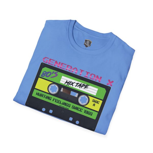 Blue Generation X Tape T-Shirt featuring a vibrant cassette tape graphic with text, "Generation X," "80's Mix Tape," "Side A," and "Hurting Feelings Since 1985.