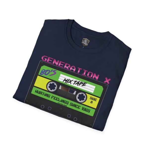 A folded navy T-shirt featuring a cassette tape design labeled “Generation X 80’s Mix Tape Side A,” with the text “Hurting Feelings Since 1985.” Name: Generation X Tape T-Shirt.