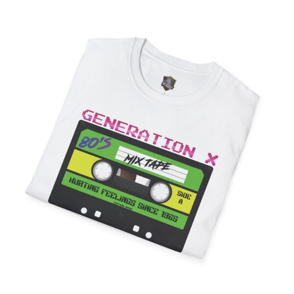 White T-shirt featuring a colorful cassette tape design with the text "Generation X 80's Mix Tape" and "Hurting Feelings Since 1965," known as the Generation X Tape T-Shirt.