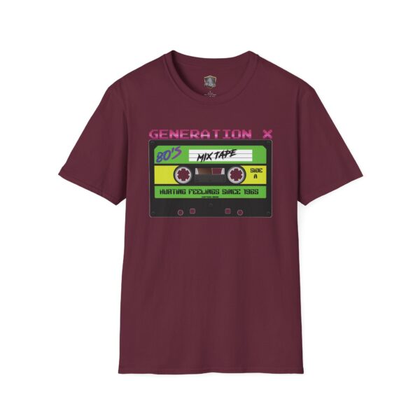 Maroon Generation X Tape T-Shirt featuring a cassette tape design with "80's MIXTAPE" and "Hurtling Feelings Since 1985" on the front.