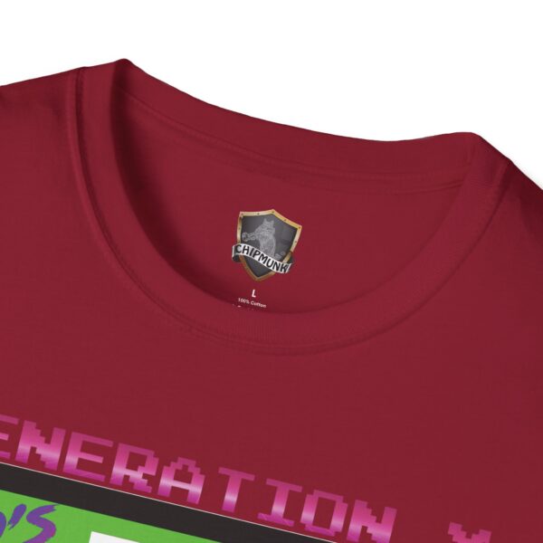 Generation X Tape T-Shirt: Red, 100% cotton, size large, with "Generation X" graphic and pink pixelated text. "Chipmunk" shield branding on the neckline tag.