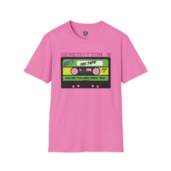 The Generation X Tape T-Shirt is a pink tee featuring a cassette graphic labeled "80's MIXTAPE," with "GENERATION X" above and "HUNTING FEELINGS SINCE 1983" below.