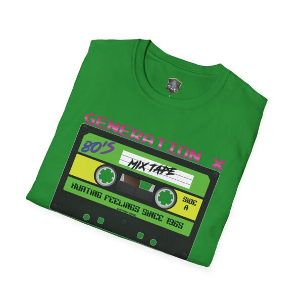 Green Generation X Tape T-Shirt featuring a cassette design with "80's Mix Tape," "Generation X," and "Hurting Feelings Since 1985" text.