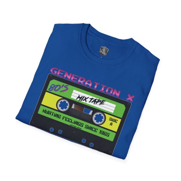 Blue T-shirt named "Generation X Tape T-Shirt" featuring a vibrant cassette tape design labeled "80's Mix Tape" with the text "Generation X" and "Hurting Feelings Since 1965.