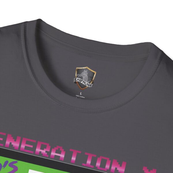 Gray "Generation X Tape" T-shirt with pink pixelated lettering and Chipmunk brand label inside the collar.